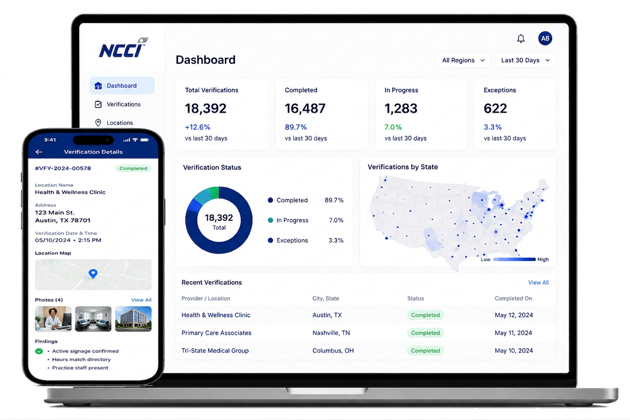 NCCI verification portal dashboard with mobile companion view