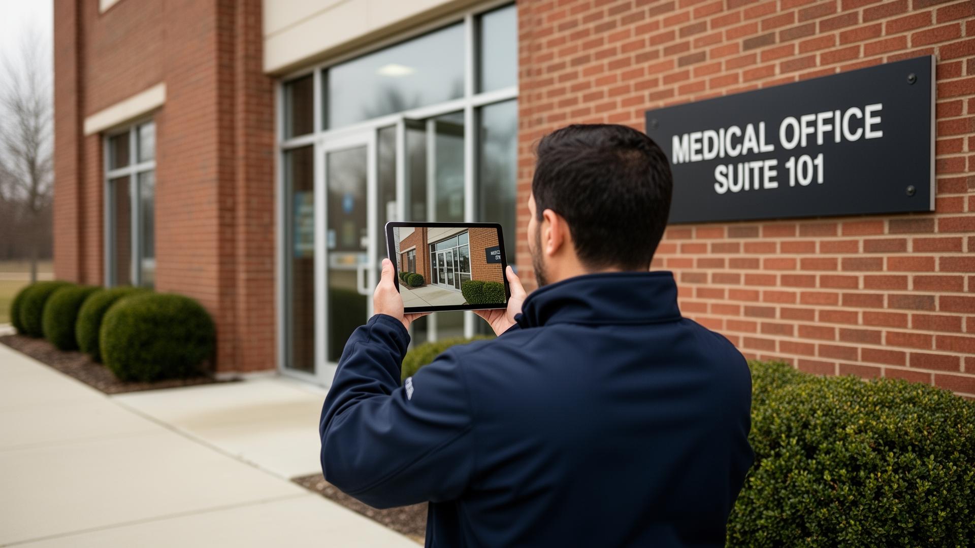 Field verification specialist documenting a medical office