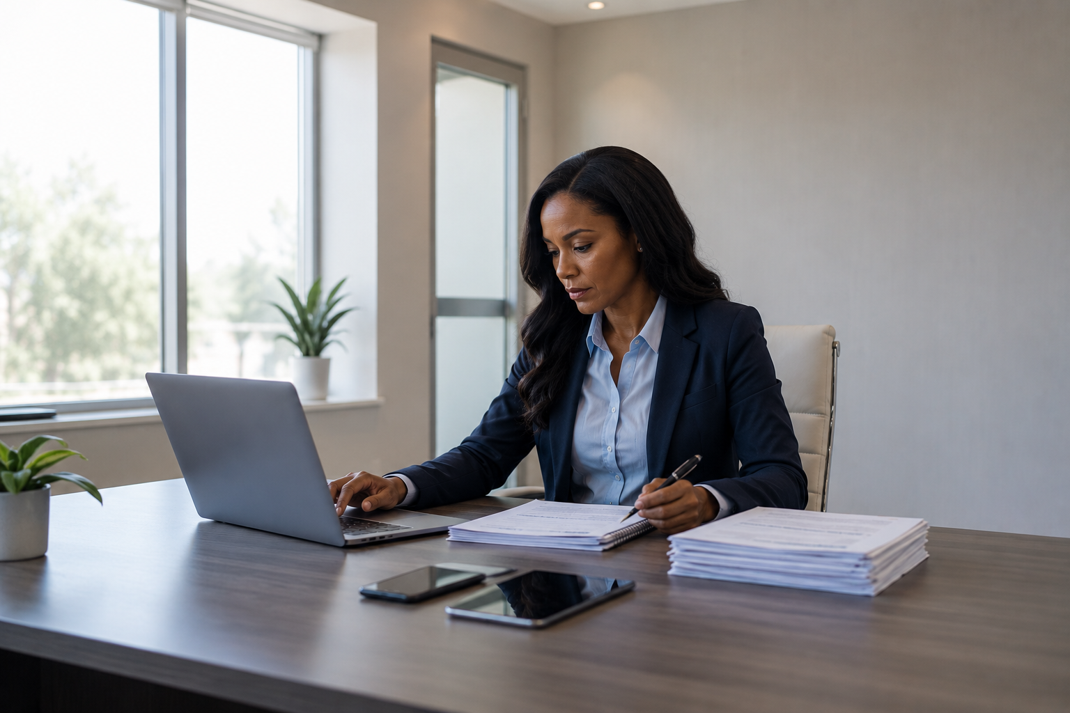 Professional reviewing documents at a modern office desk